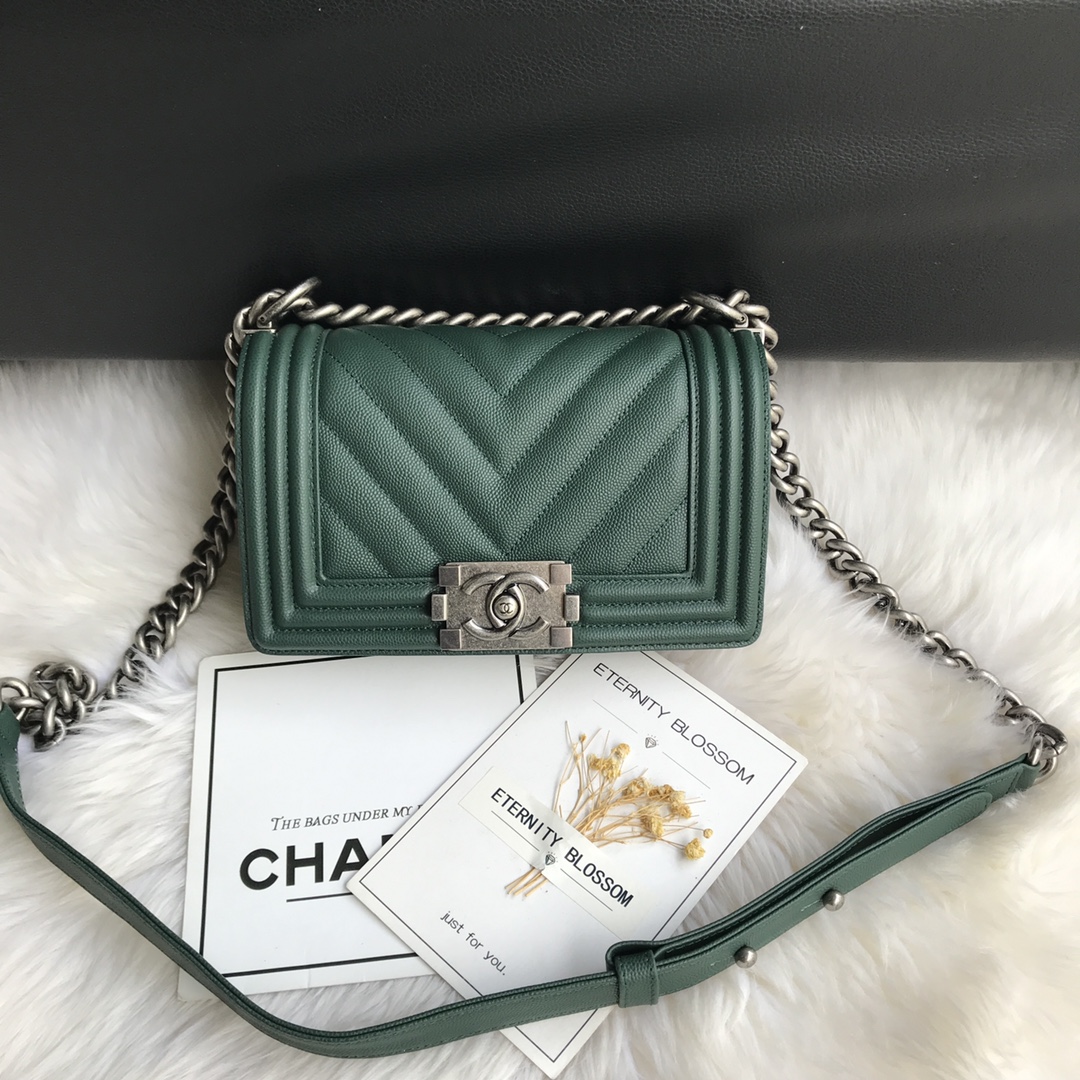 Caviar Small Boy Handbag Flap Bag A67085 Green/Silver